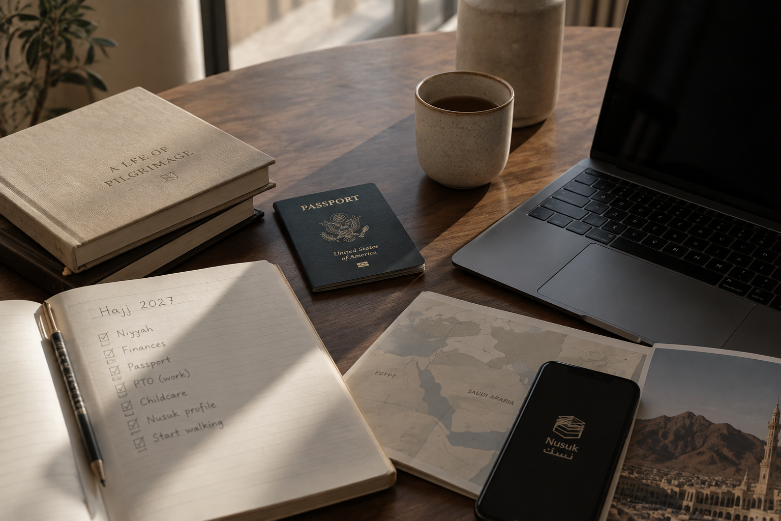 A warm, minimalist workspace with a passport, Hajj 2027 planning checklist, laptop, map, notebook, and travel materials arranged on a wooden table.